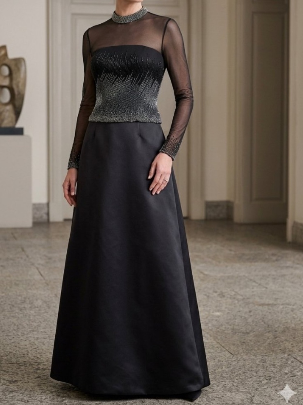 Lillie Rubin Black Beaded Long Evening Gown with Illusion Yoke